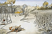 Une esquisse d'un village Iroquois dévasté avec un de ses habitants mort sur le sol.